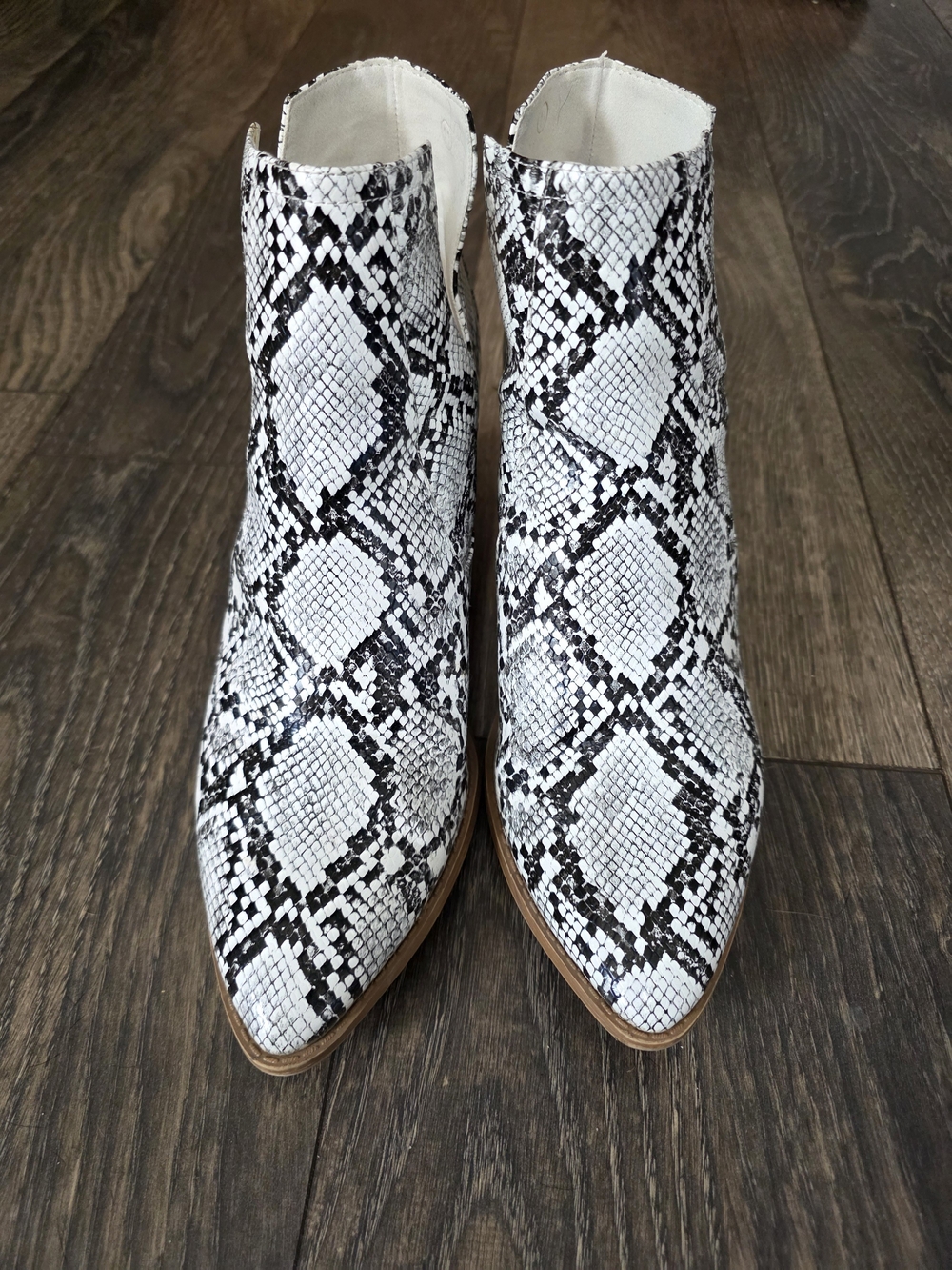 Snake-Print Pointed Ankle Booties in White/Black